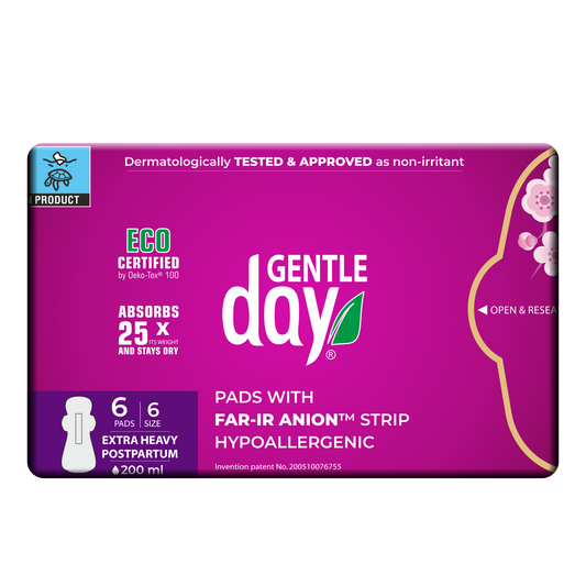Gentle Day ekologiski hipoalerginiai paketai po gimdymo ir itin gausioms menesinems  su anijonų juostele