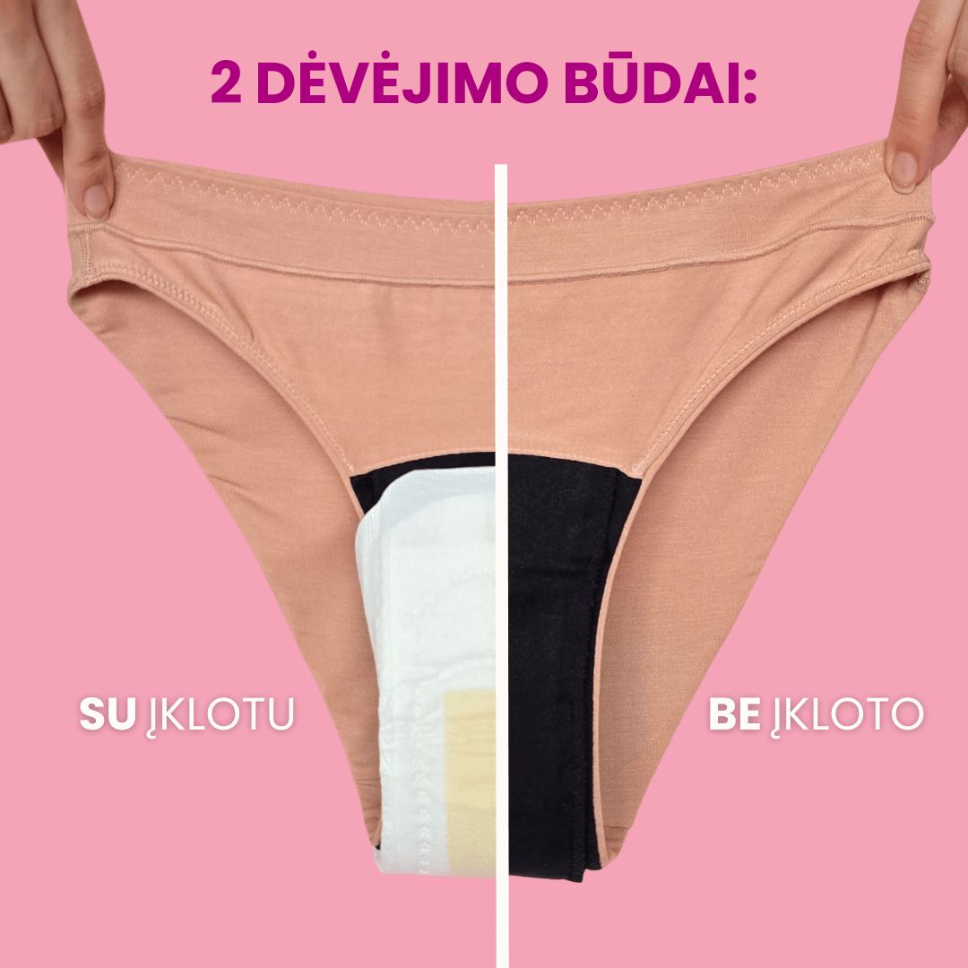 Gentle Day menstruacinės kelnaitės, rodomi 2 dėvėjimo būdai, su įklotu ir be įkloto
