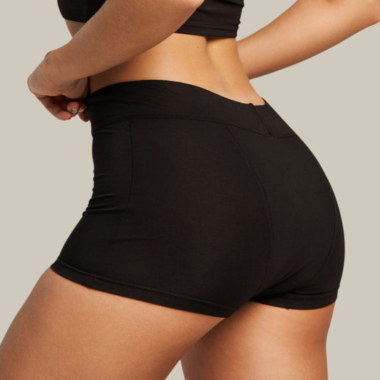 Juodos SLEEP BOXER menstruacinės kelnaitės ant modelio, vaizdas iš nugaros