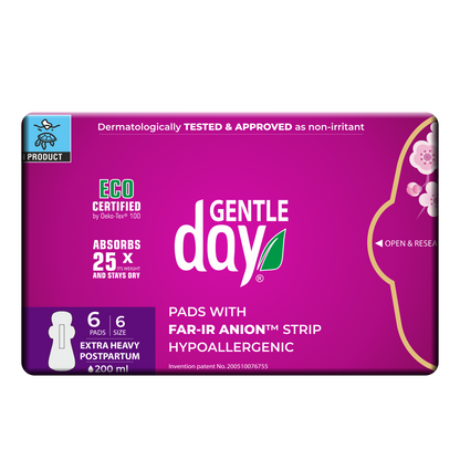 Gentle Day ekologiski hipoalerginiai paketai po gimdymo ir itin gausioms menesinems  su anijonų juostele