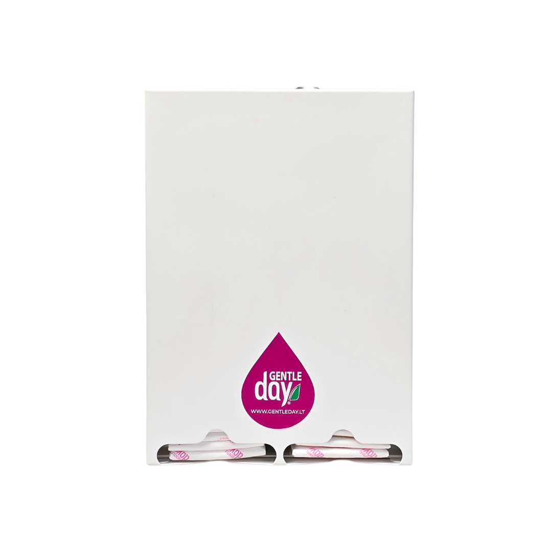 metalinė dėžutė-skirstytuvas higieniniams įklotams su gentle day logotipu 