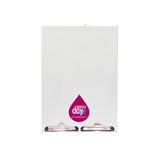 metalinė dėžutė-skirstytuvas higieniniams įklotams su gentle day logotipu 