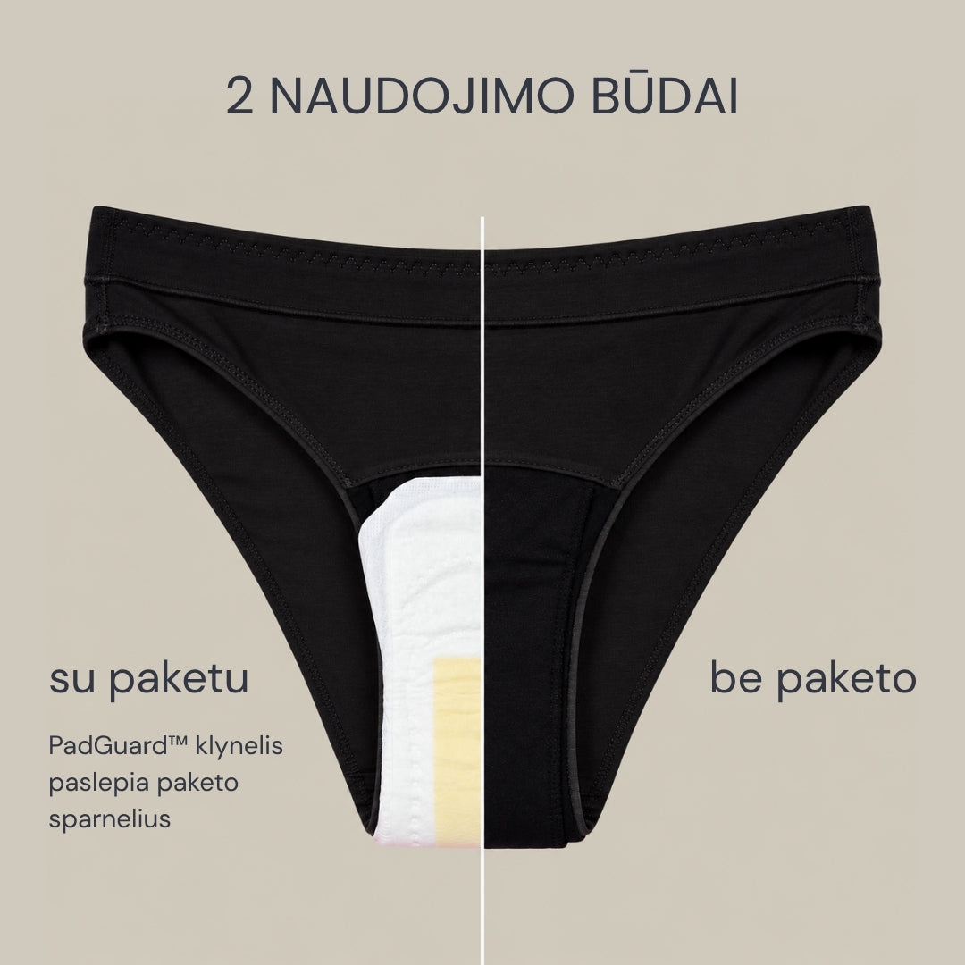 Gentle Day menstruacinės kelnaitės, rodomi 2 dėvėjimo būdai, su paketu ir be paketo