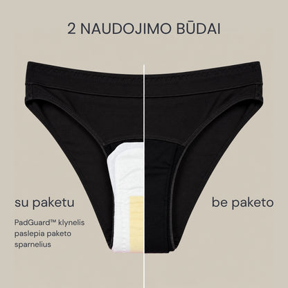 Gentle Day menstruacinės kelnaitės, rodomi 2 dėvėjimo būdai, su paketu ir be paketo