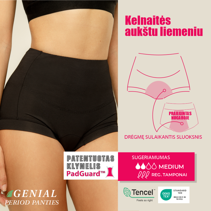 Menstruacinių kelnaičių paaukštintu liemeniu modelio schema