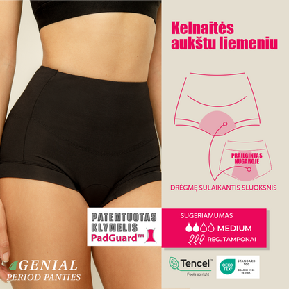 Menstruacinių kelnaičių paaukštintu liemeniu modelio schema