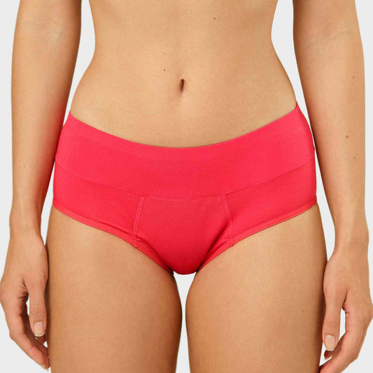 Menstruacinės kelnaitės šortukai žemu liemeniu paauglėms iš priekio, raudona spalva