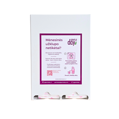Pakabinamas baltas metalinis GENTLE DAY® skirstytuvas - higienos įklotų dozatorius su užraktu, pritvirtinamas prie sienos, su 80 vnt. higieninių paketų, skirtas mokyklų higienos stotelėms
